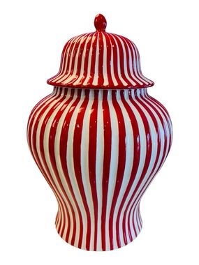 Large 18” Red & White Candy Stripe Ceramic Jar w/ Lid Holiday Decor Storage